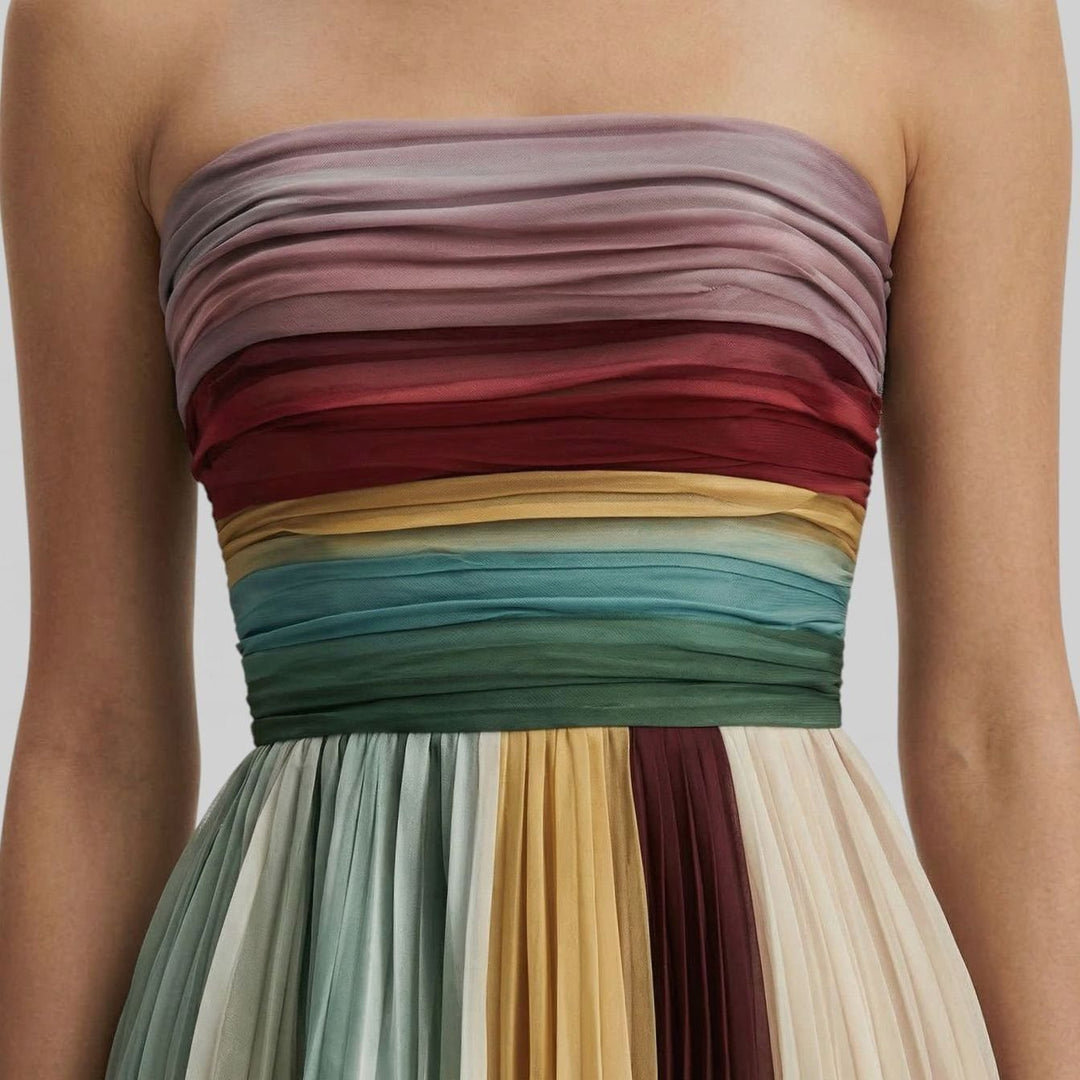Women's Strapless Pleated Ruched Multicolour Maxi Dress