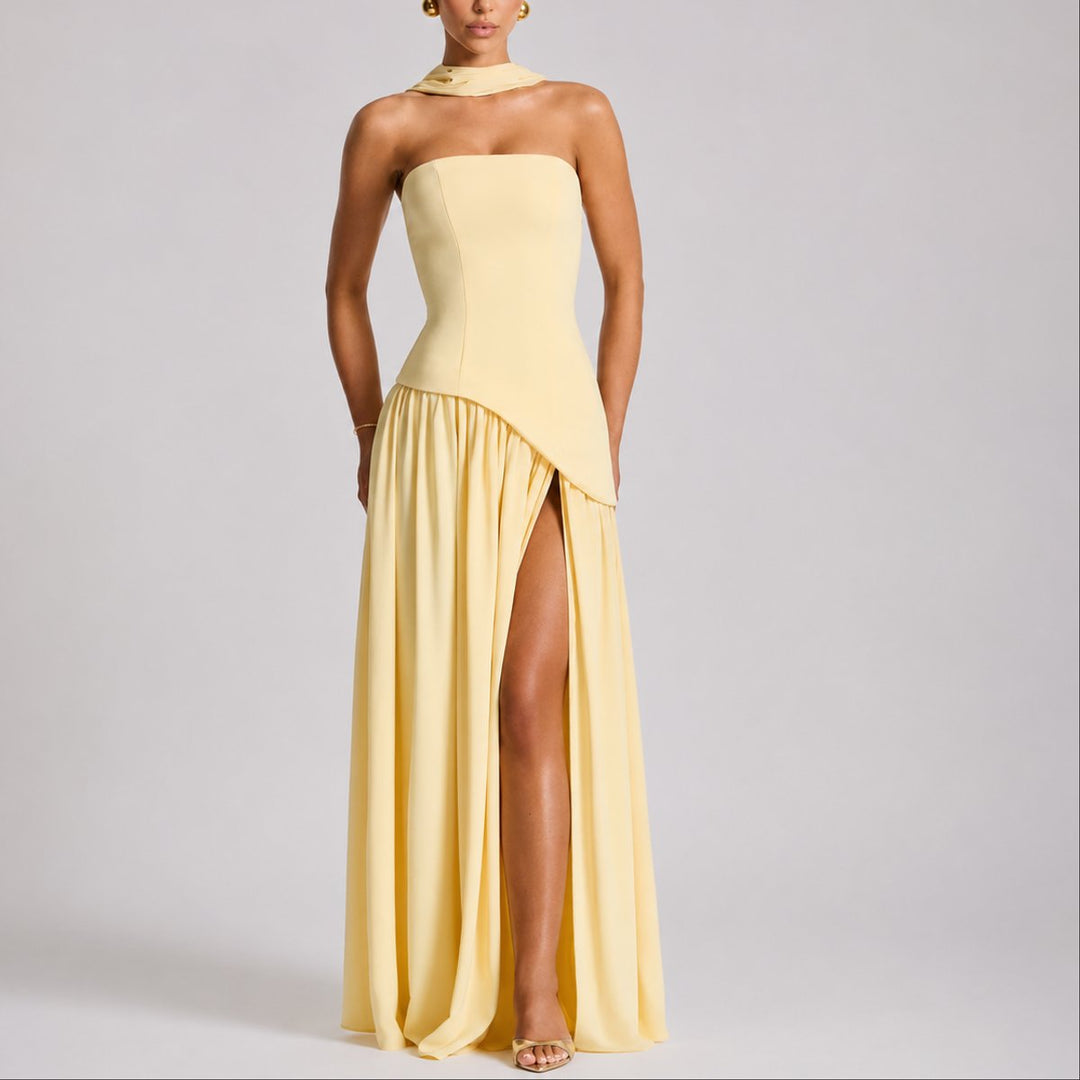 Women's Strapless Structured-Bodice Fall Wedding Guest Maxi Dress - Yellow