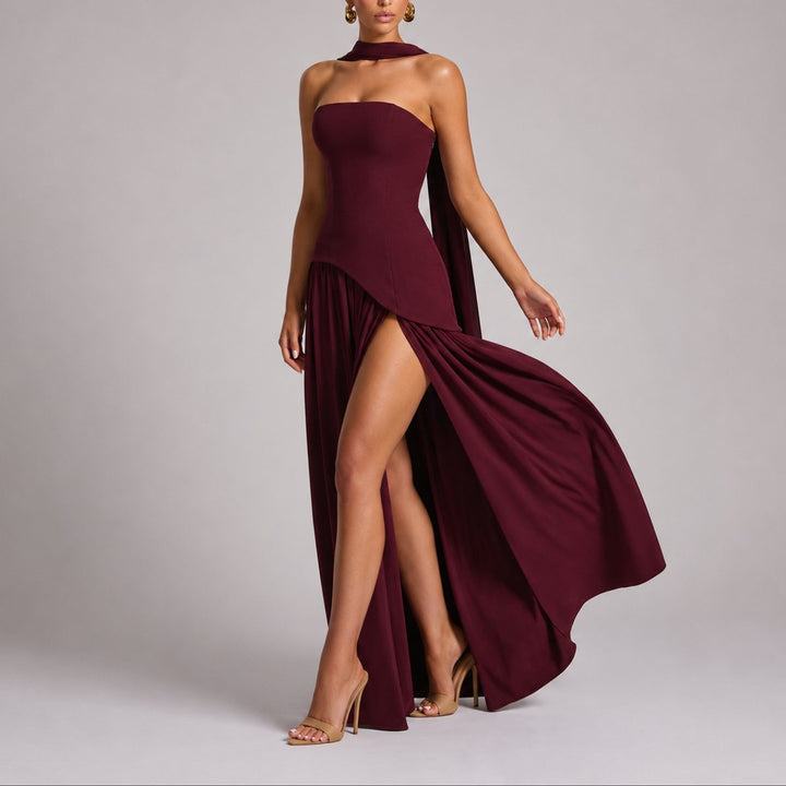 Women's Strapless Structured-Bodice Fall Wedding Guest Maxi Dress - Red