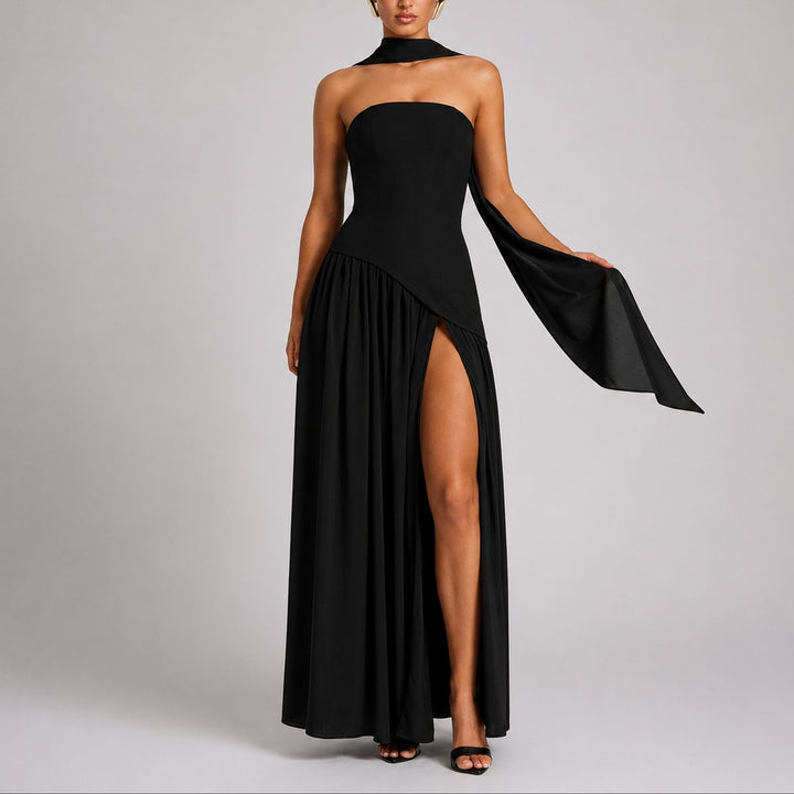 Women's Strapless Structured-Bodice Fall Wedding Guest Maxi Dress - Black