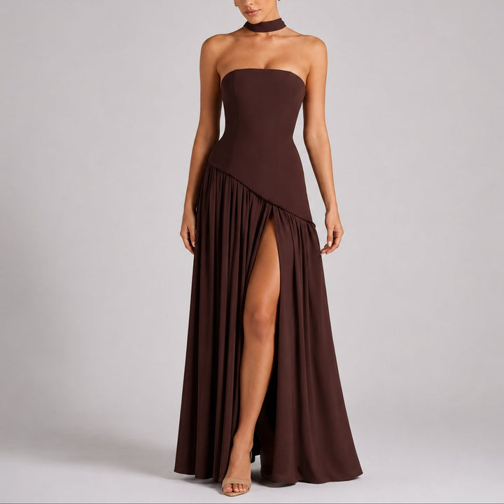 Women's Strapless Structured-Bodice Fall Wedding Guest Maxi Dress - Brown