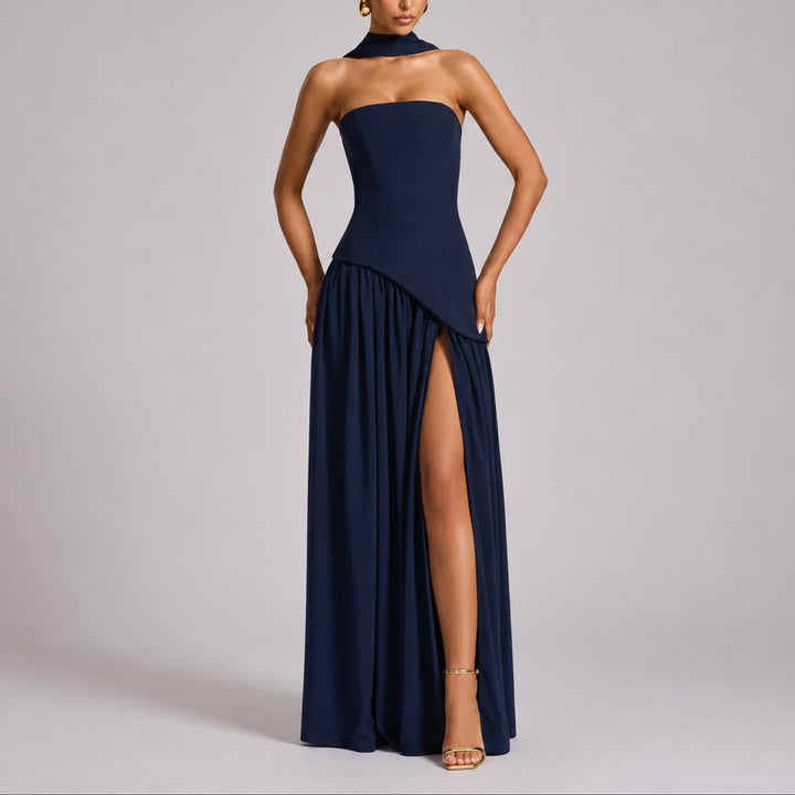 Women's Strapless Structured-Bodice Fall Wedding Guest Maxi Dress - Navy