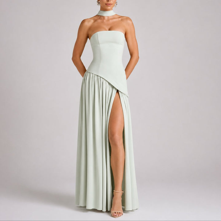 Women's Strapless Structured-Bodice Fall Wedding Guest Maxi Dress - Light Green