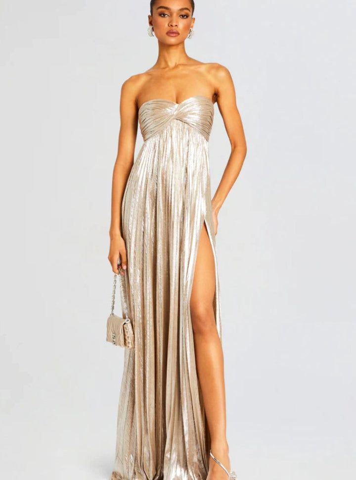 Women's Strapless Twisted-Bodice Pleated Metallic Maxi Dress High Slit