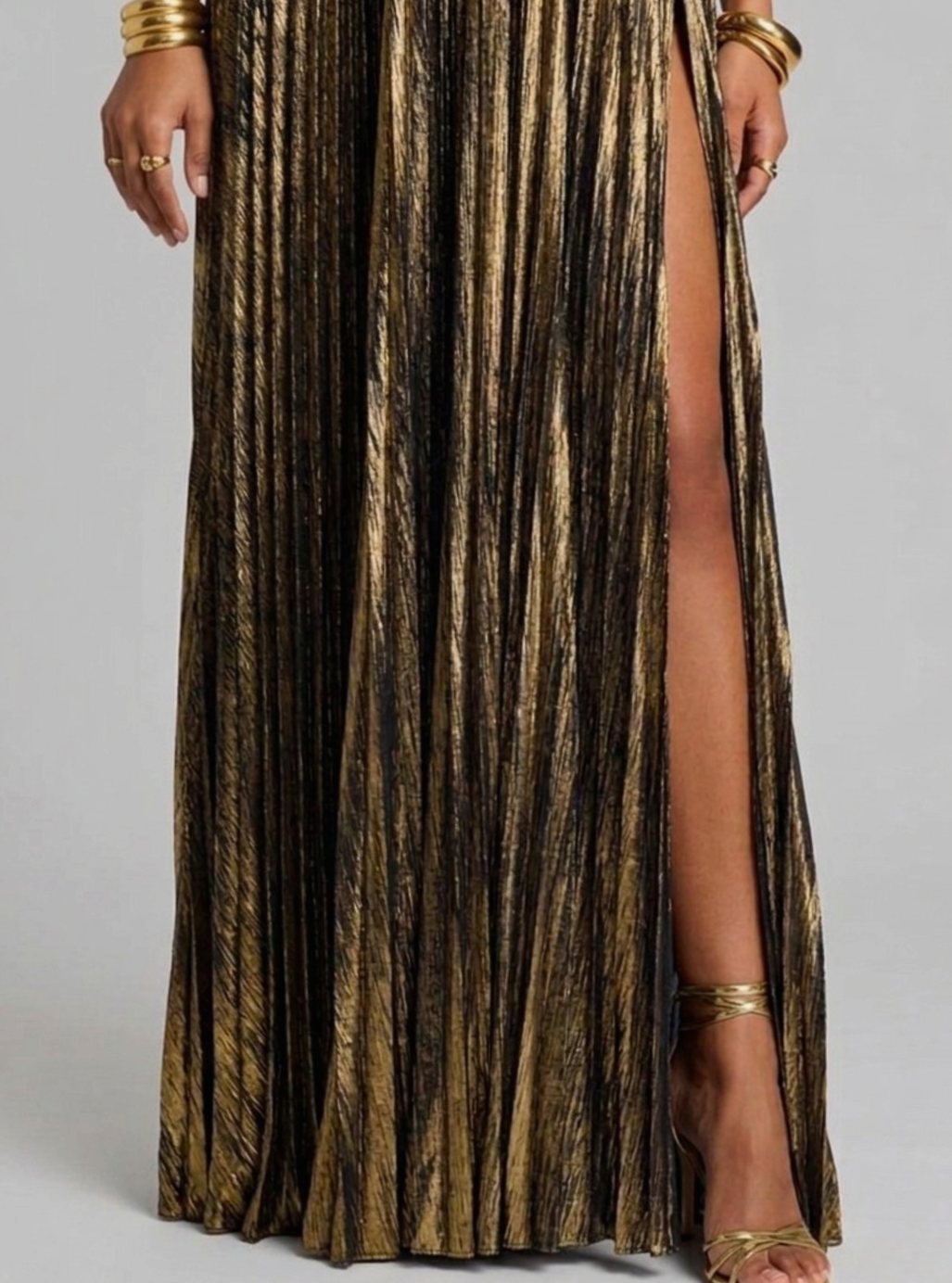 Women's Strapless Twisted-Bodice Pleated Metallic Maxi Dress High Slit