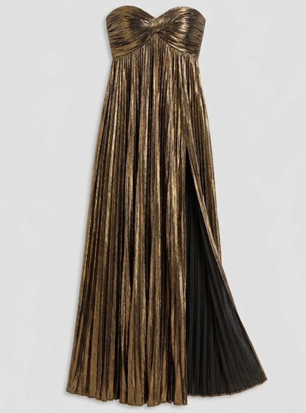 Women's Strapless Twisted-Bodice Pleated Metallic Maxi Dress High Slit