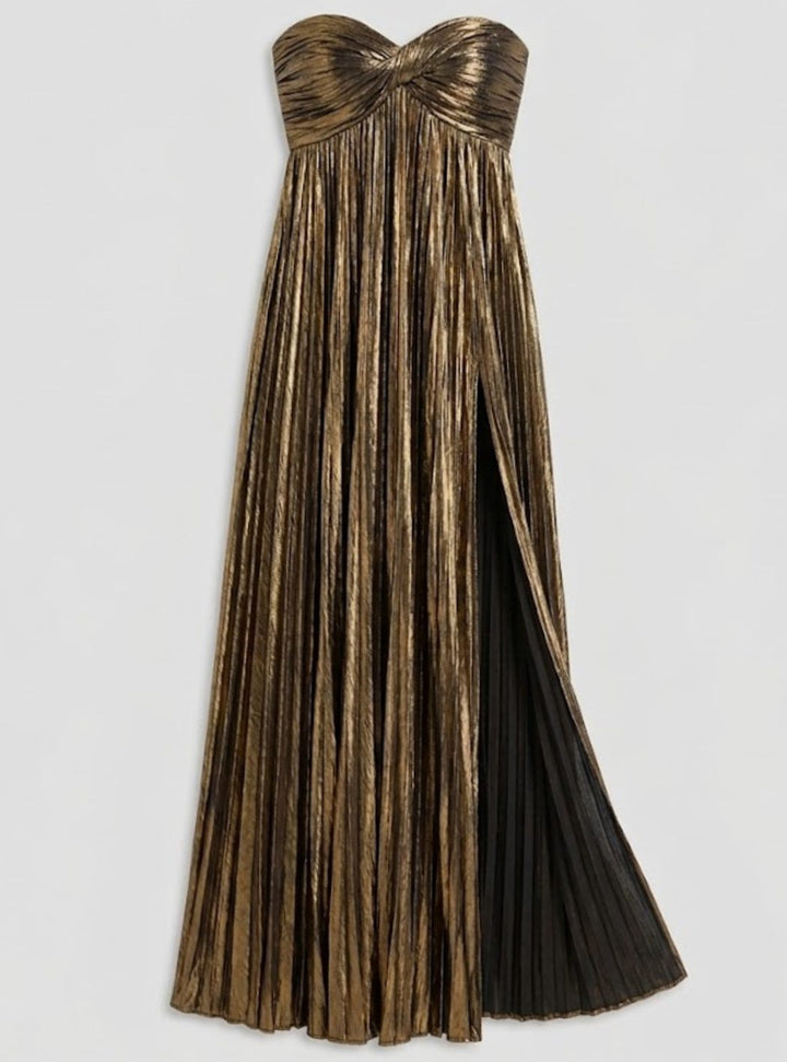 Women's Strapless Twisted-Bodice Pleated Metallic Maxi Dress High Slit