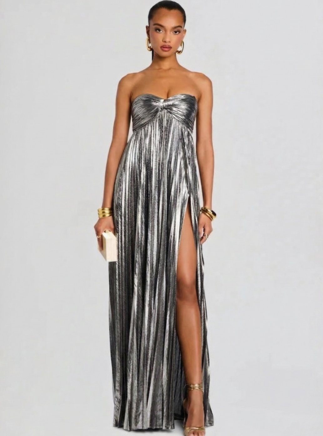 Women's Strapless Twisted-Bodice Pleated Metallic Maxi Dress High Slit - Silver