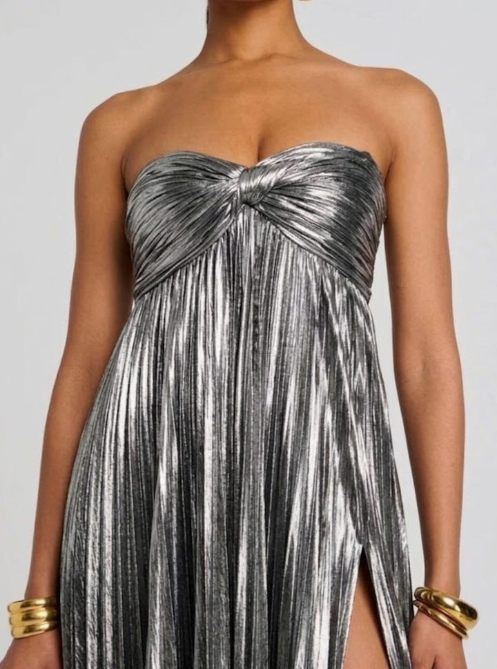 Women's Strapless Twisted-Bodice Pleated Metallic Maxi Dress High Slit