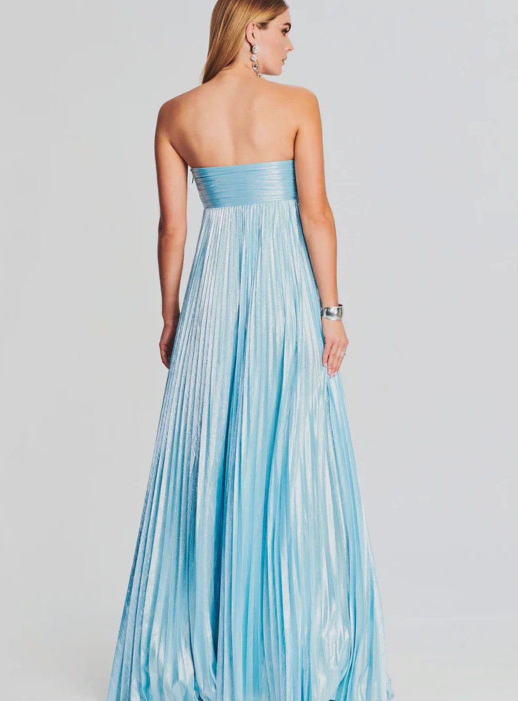 Women's Strapless Twisted-Bodice Pleated Metallic Maxi Dress High Slit