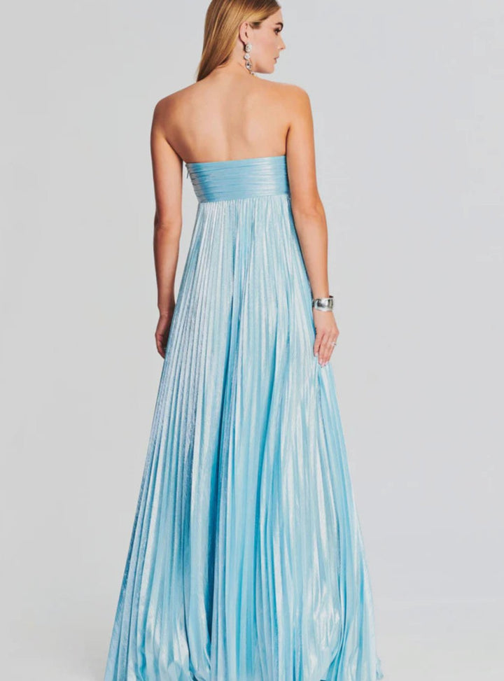 Women's Strapless Twisted-Bodice Pleated Metallic Maxi Dress High Slit