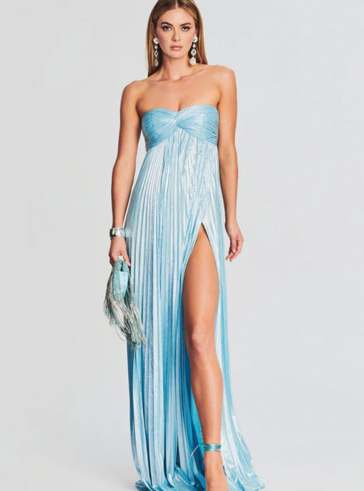 Women's Strapless Twisted-Bodice Pleated Metallic Maxi Dress High Slit