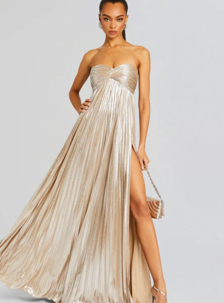 Women's Strapless Twisted-Bodice Pleated Metallic Maxi Dress High Slit
