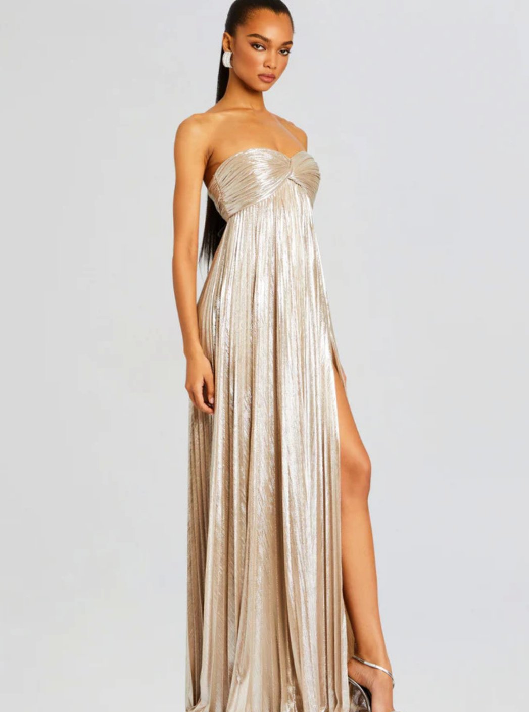Women's Strapless Twisted-Bodice Pleated Metallic Maxi Dress High Slit