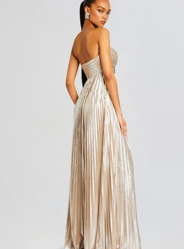Women's Strapless Twisted-Bodice Pleated Metallic Maxi Dress High Slit