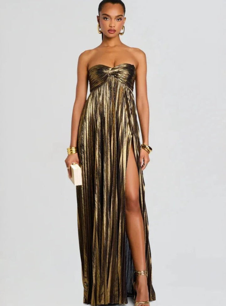 Women's Strapless Twisted-Bodice Pleated Metallic Maxi Dress High Slit - Dark Brown