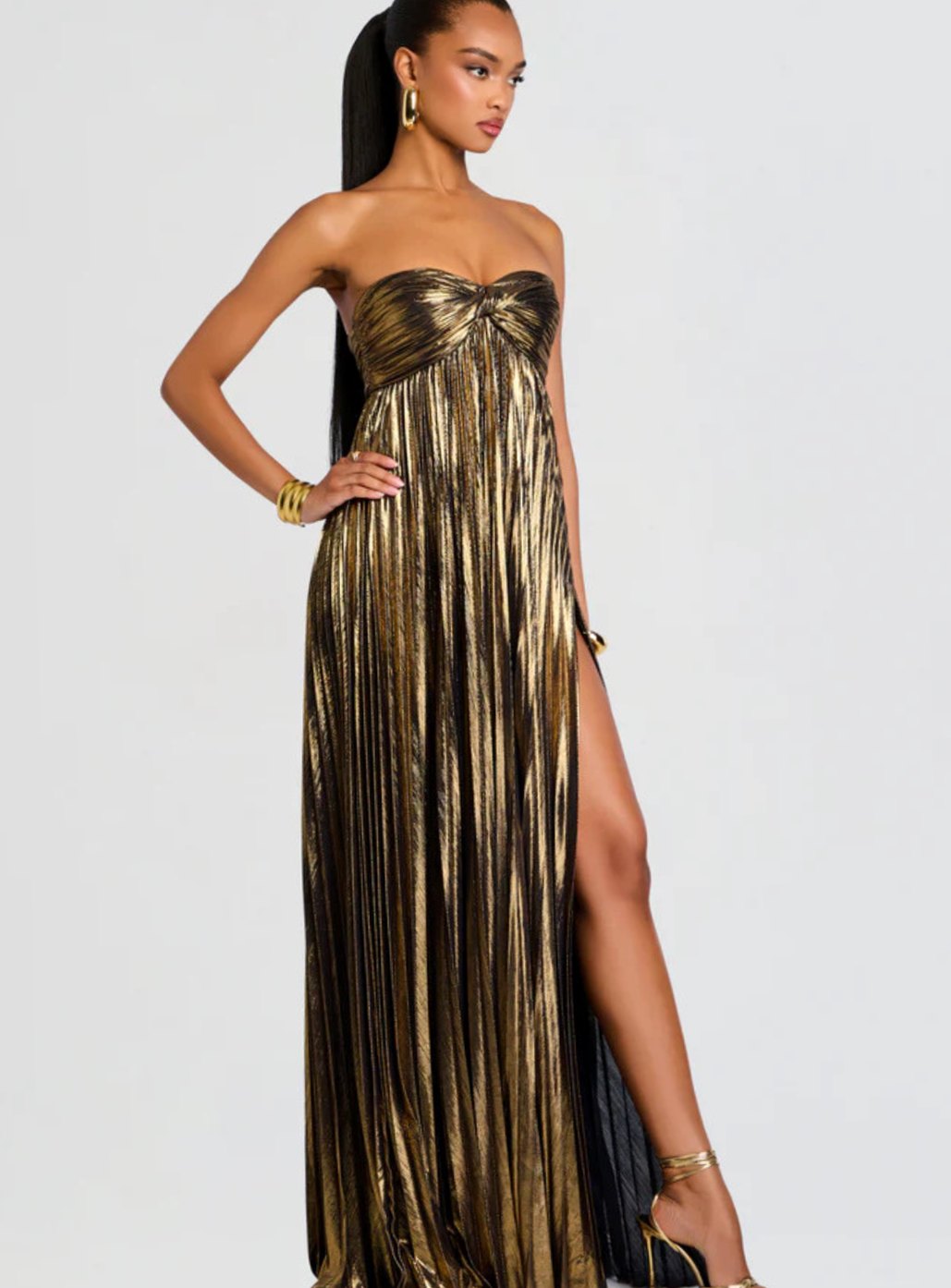 Women's Strapless Twisted-Bodice Pleated Metallic Maxi Dress High Slit