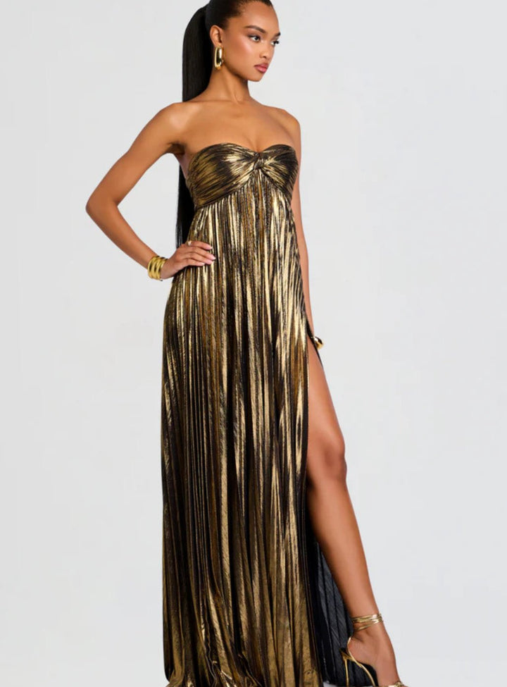 Women's Strapless Twisted-Bodice Pleated Metallic Maxi Dress High Slit
