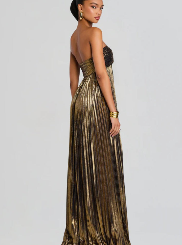 Women's Strapless Twisted-Bodice Pleated Metallic Maxi Dress High Slit