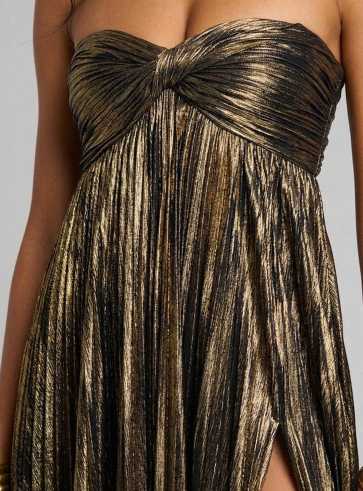 Women's Strapless Twisted-Bodice Pleated Metallic Maxi Dress High Slit