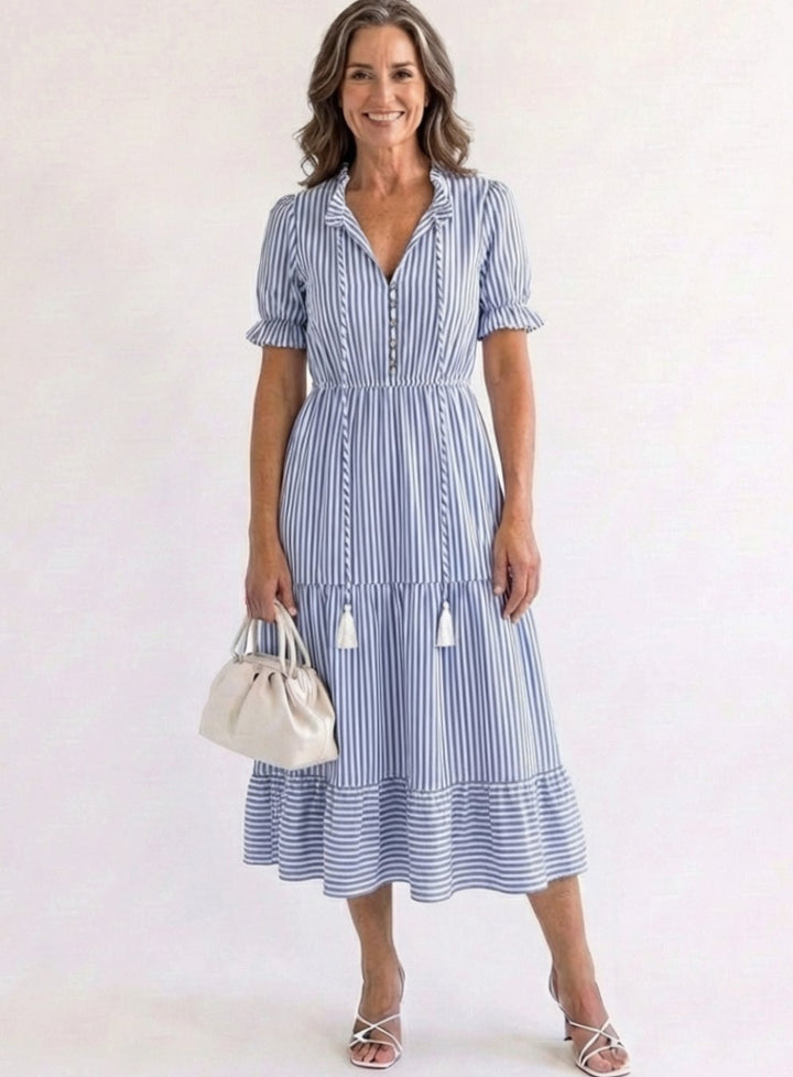Women's Striped Tiered Midi Spring Dress V-Neck Short Sleeve - Sky Blue