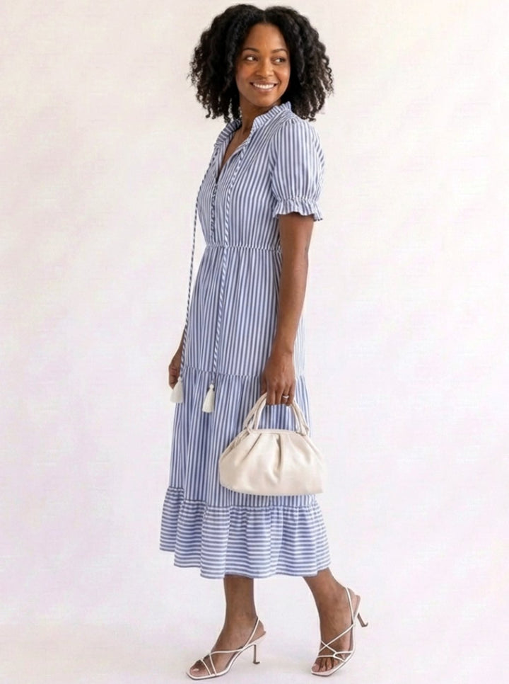Women's Striped Tiered Midi Spring Dress V-Neck Short Sleeve