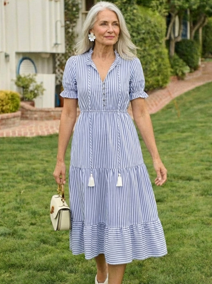 Women's Striped Tiered Midi Spring Dress V-Neck Short Sleeve
