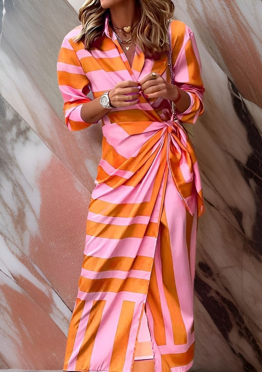Women's Striped Wrap Maxi Long Sleeve Dress - Orange/Pink