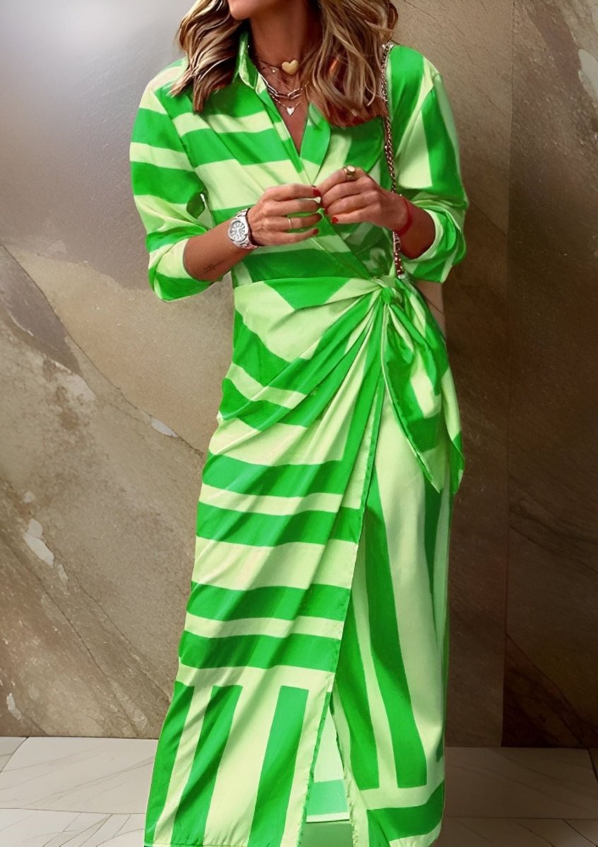Women's Striped Wrap Maxi Long Sleeve Dress - Green