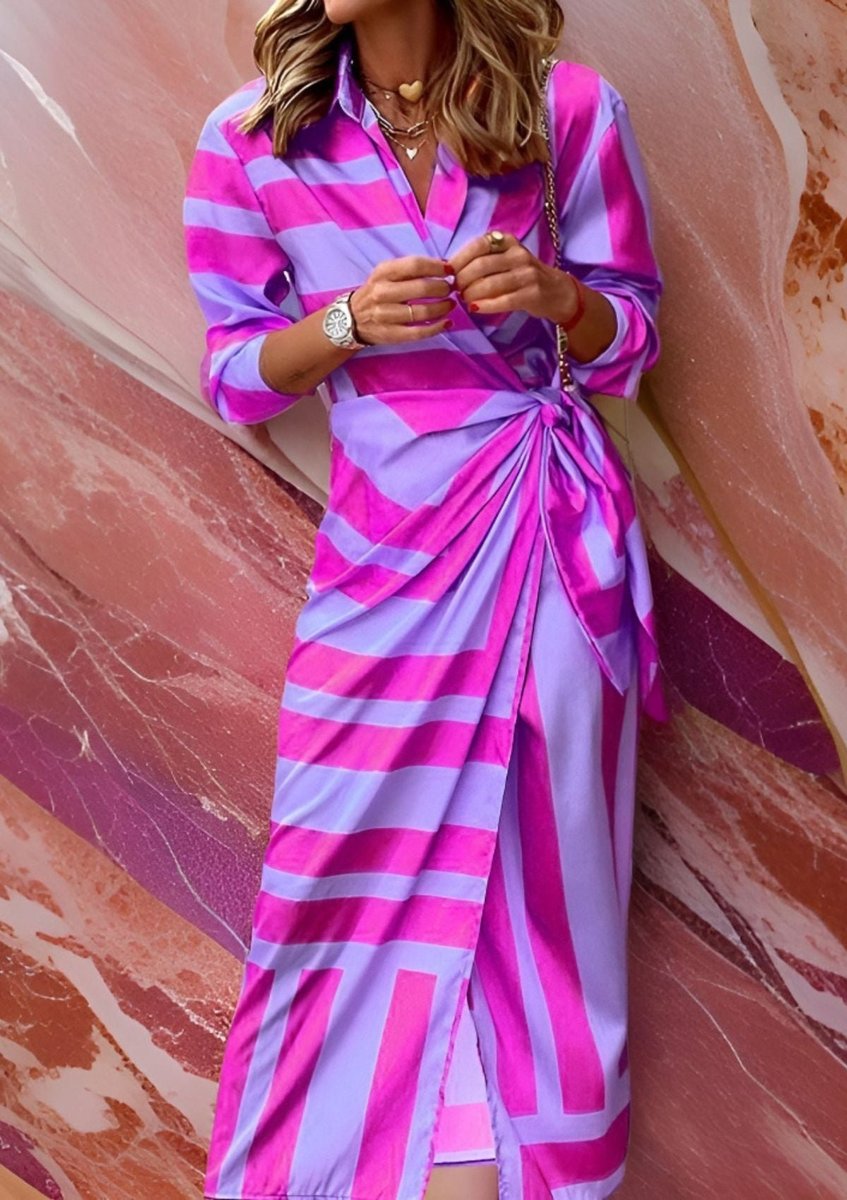 Women's Striped Wrap Maxi Long Sleeve Dress - Purple