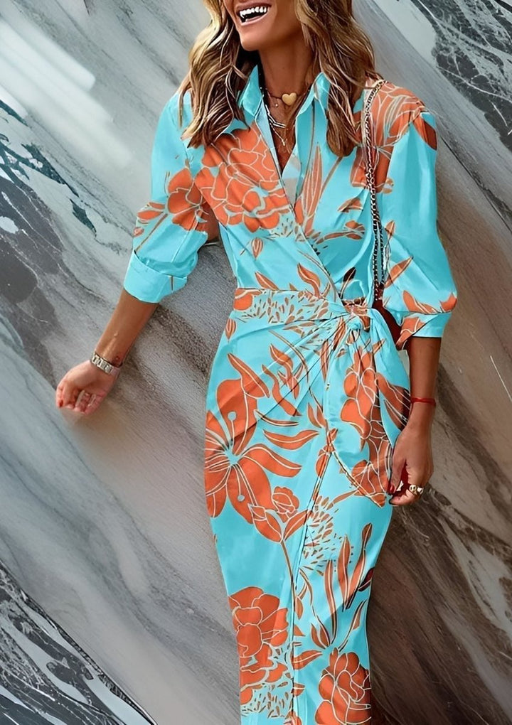 Women's Striped Wrap Maxi Long Sleeve Dress - Turquoise