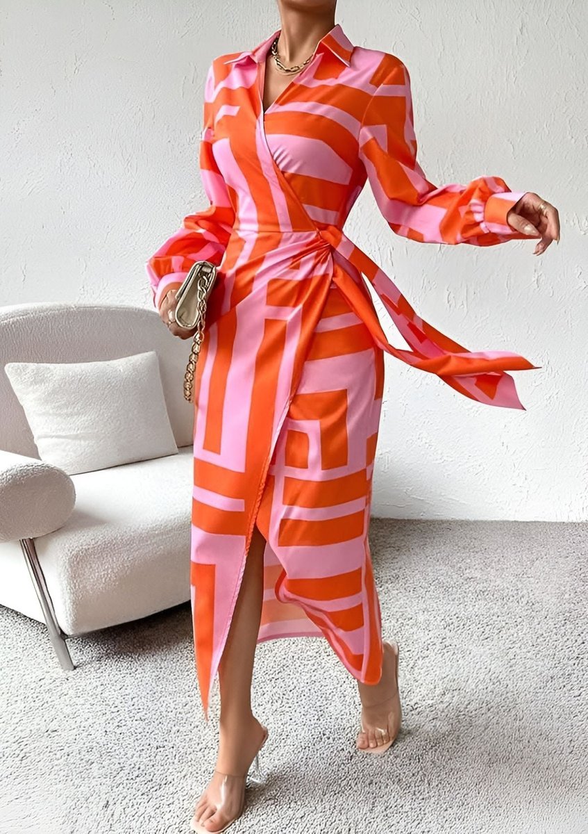 Women's Striped Wrap Maxi Long Sleeve Dress