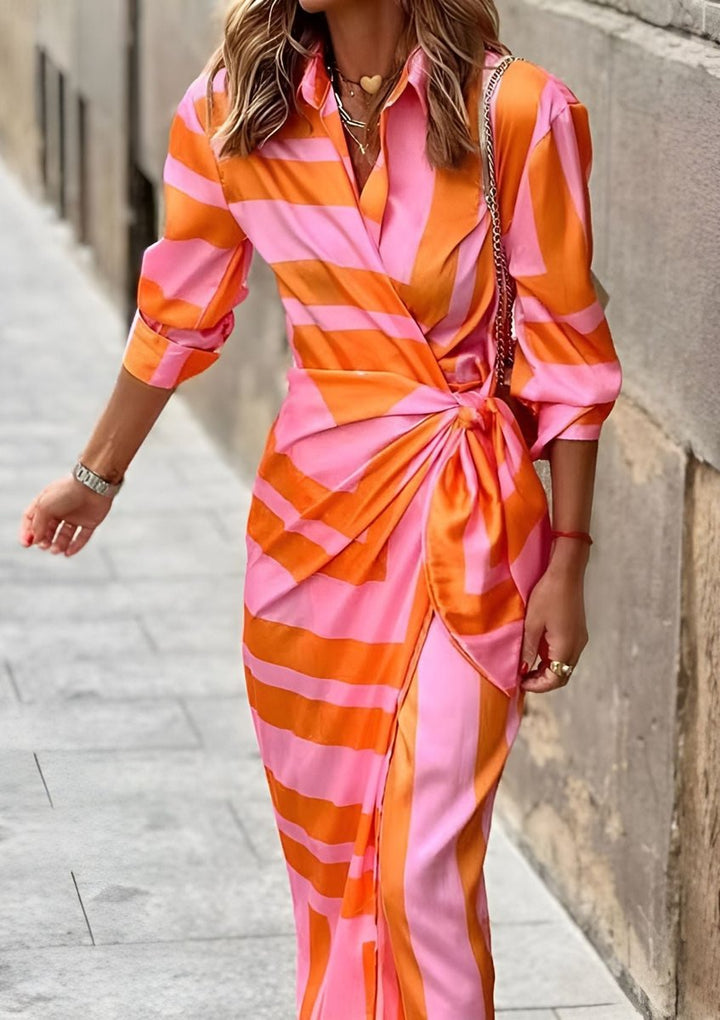 Women's Striped Wrap Maxi Long Sleeve Dress