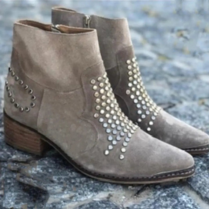 Women's Studded Suede Side-Zip Block-Heel Ankle Boots