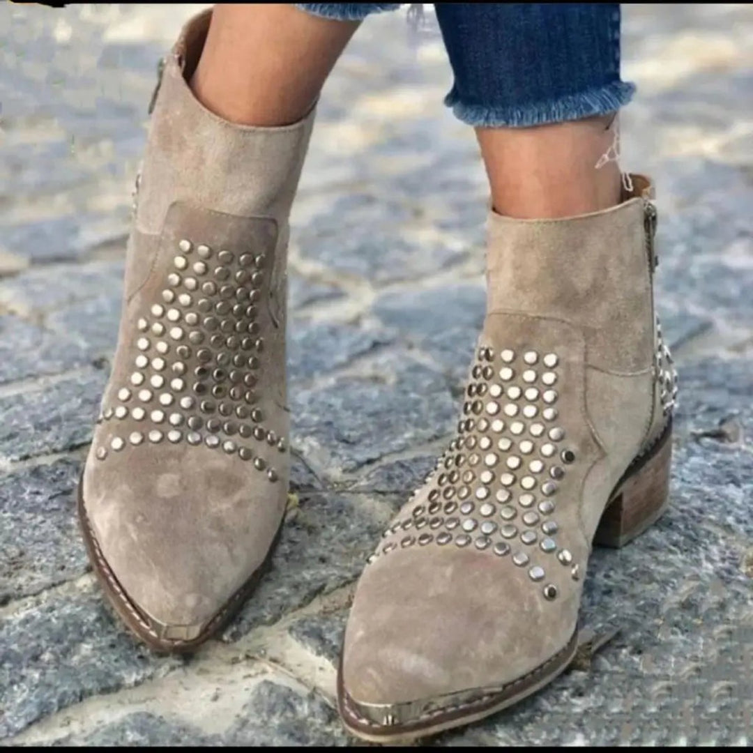 Women's Studded Suede Side-Zip Block-Heel Ankle Boots