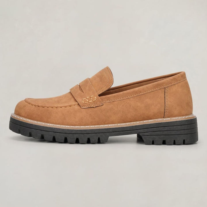 Women's Suede Platform Lug-Sole Slip-On Penny Loafers - Brown