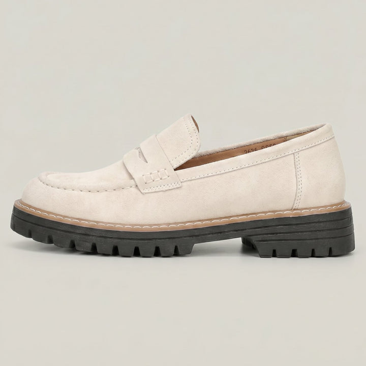 Women's Suede Platform Lug-Sole Slip-On Penny Loafers - Beige