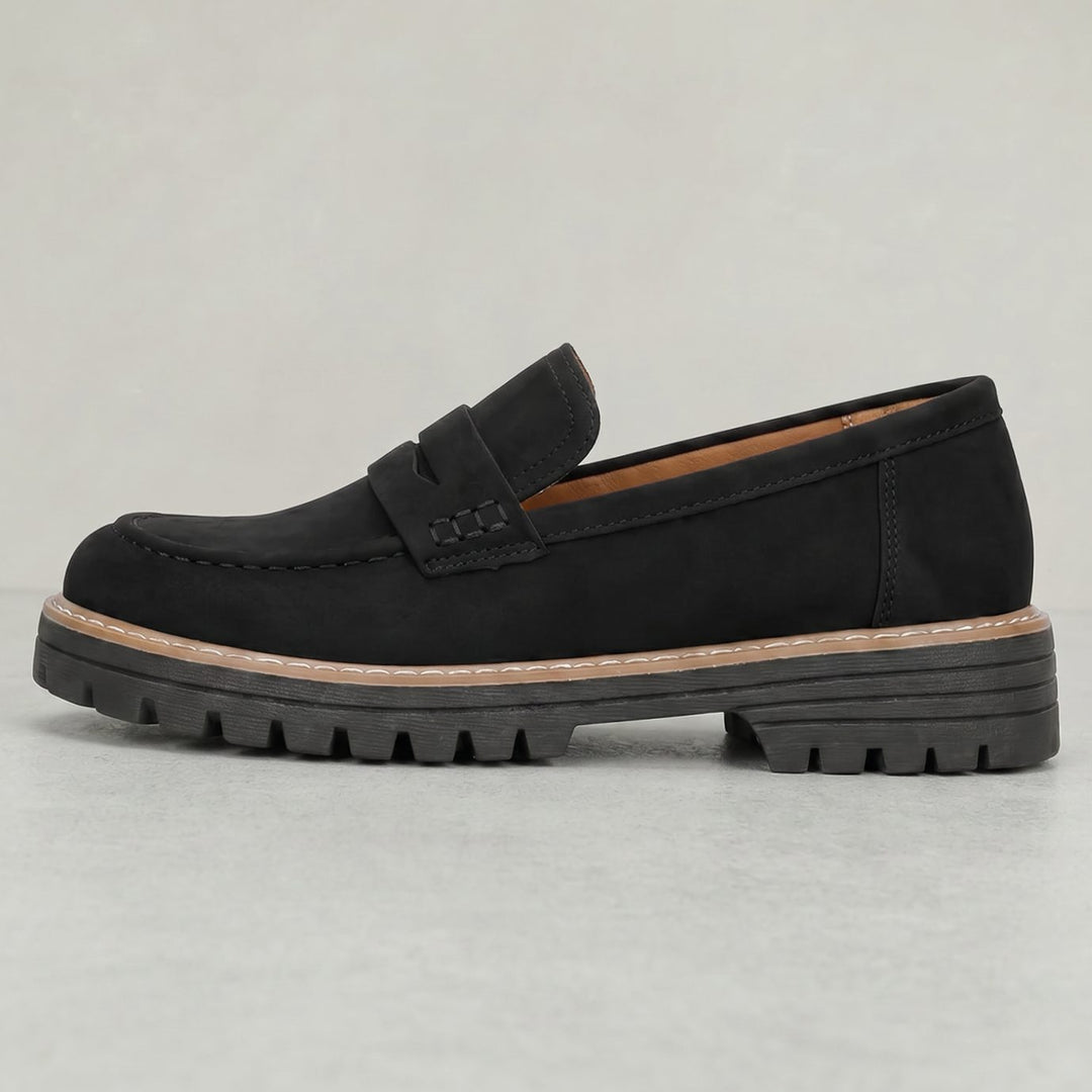 Women's Suede Platform Lug-Sole Slip-On Penny Loafers - Black