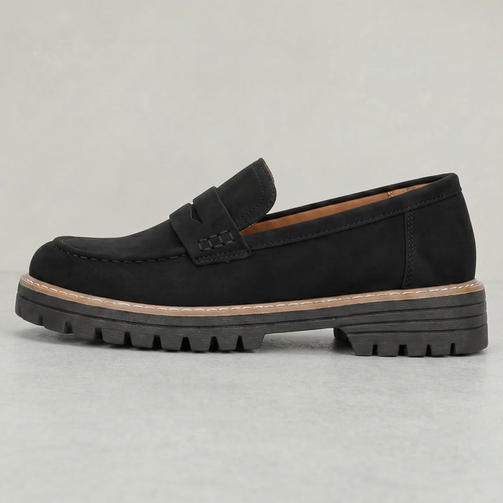 Women's Suede Platform Lug-Sole Slip-On Penny Loafers - Black