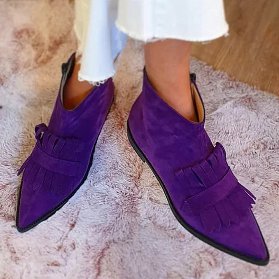 Women's Suede Pointed-Toe Fringe Flat Ankle Boots - Purple