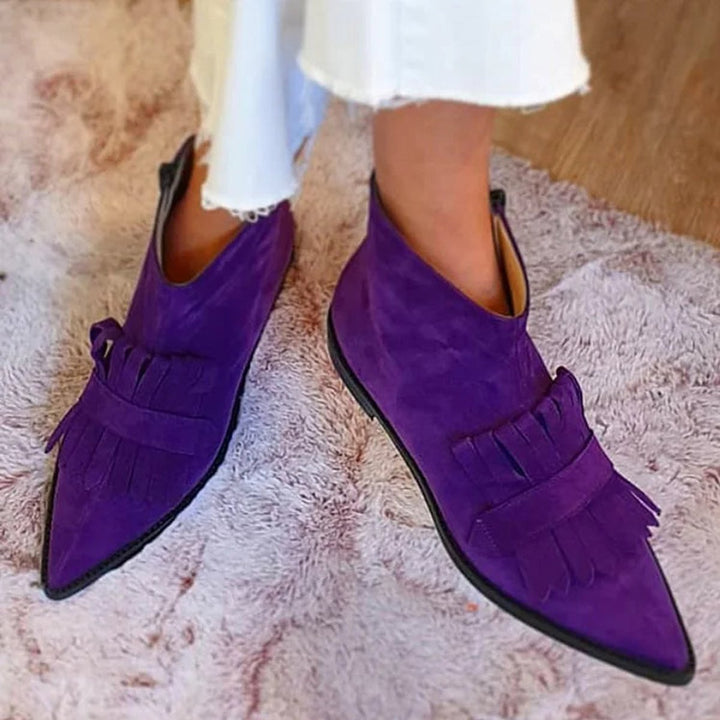 Women's Suede Pointed-Toe Fringe Flat Ankle Boots - Purple