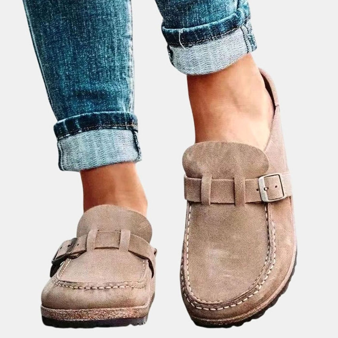 Women's Suede Slip-On Buckle Strap Comfort Clogs - Beige