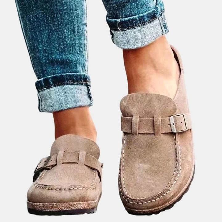Women's Suede Slip-On Buckle Strap Comfort Clogs - Beige