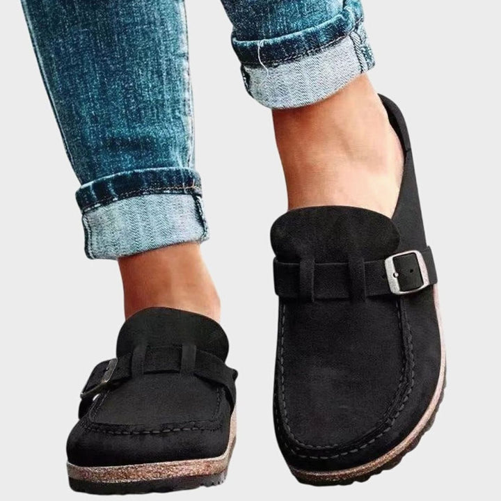 Women's Suede Slip-On Buckle Strap Comfort Clogs - Black