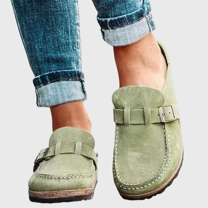 Women's Suede Slip-On Buckle Strap Comfort Clogs - Green