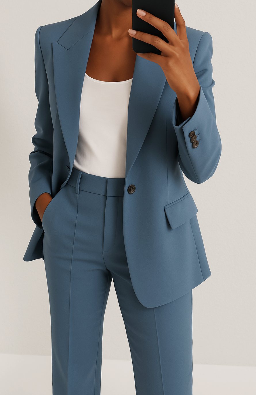Women's Tailored Blazer Pants Suit Set Single-Button - Blue