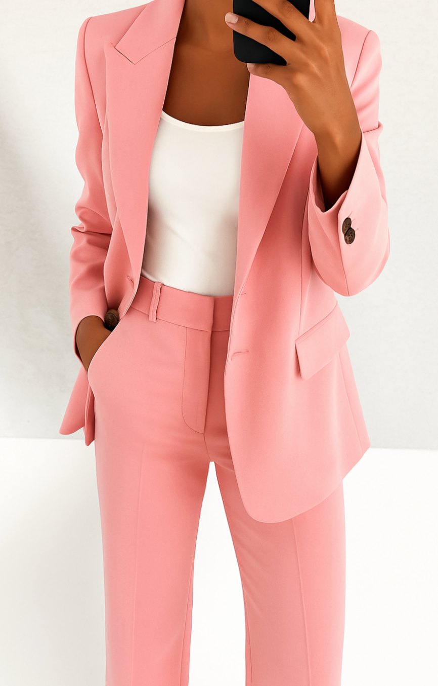 Women's Tailored Blazer Pants Suit Set Single-Button - Pink