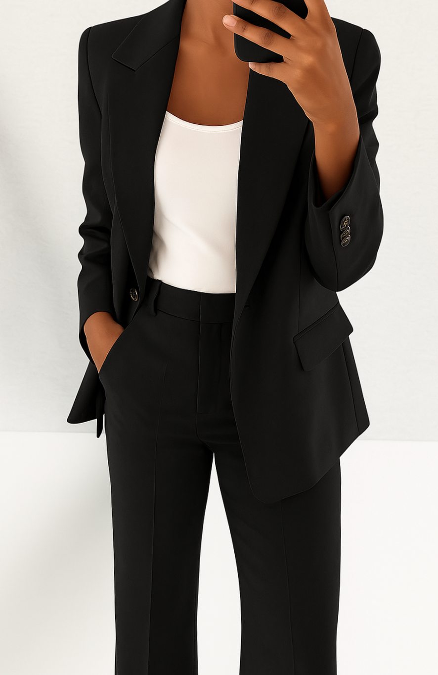 Women's Tailored Blazer Pants Suit Set Single-Button - Black