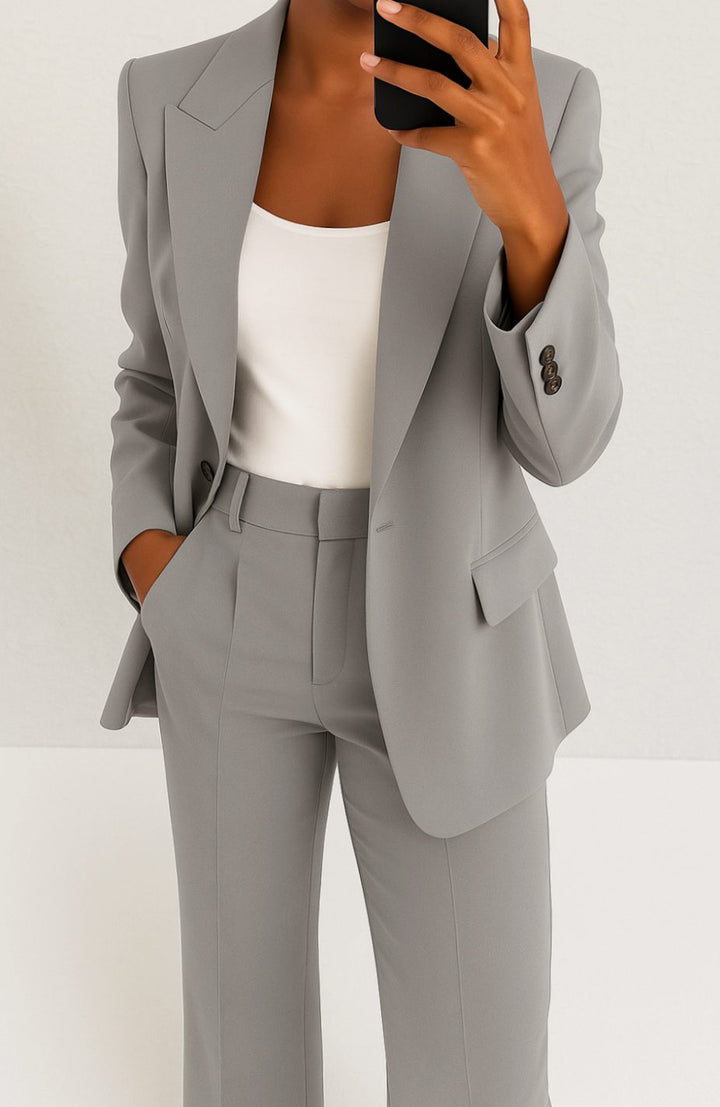 Women's Tailored Blazer Pants Suit Set Single-Button - Gray