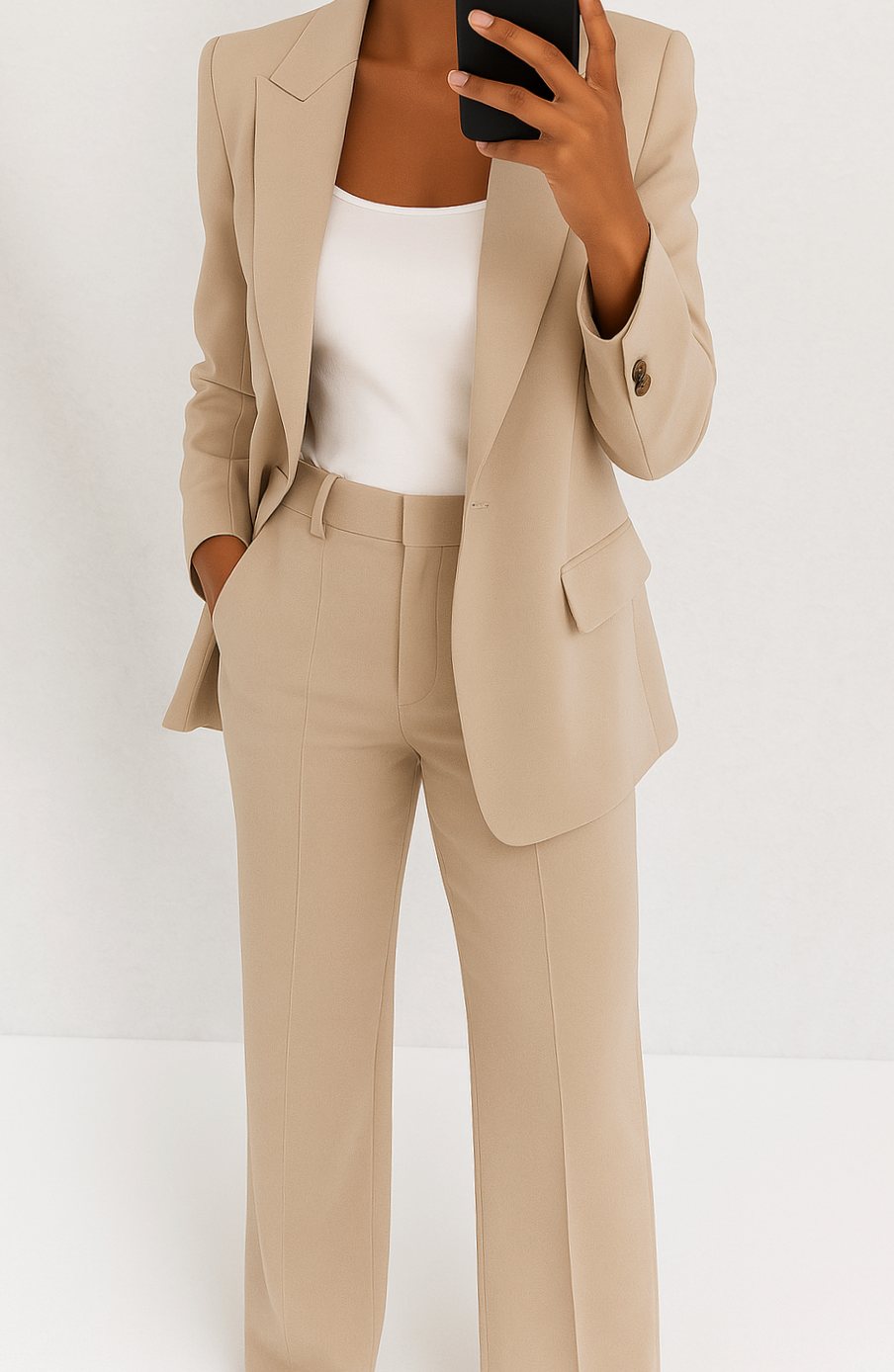 Women's Tailored Blazer Pants Suit Set Single-Button - Beige